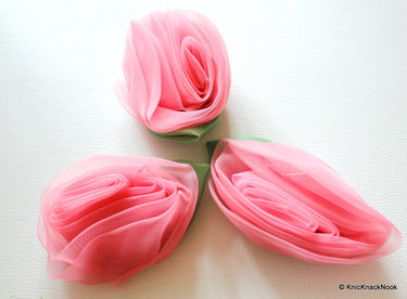 Pink Rose Flower With Green Leaf Big Applique Patch, Rose Motif, Flower Motif